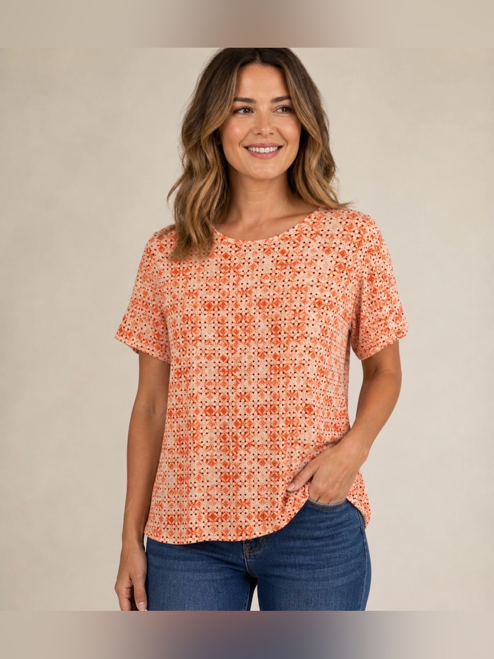 croft & barrow Orange and White Short Sleeve Printed Tee
